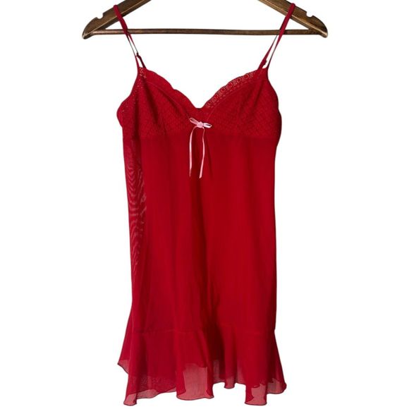 Victorias Secret Red Sheer Babydoll Slip Dress Sz M Ruffle Hem Romantic Lingerie - Picture 1 of 8